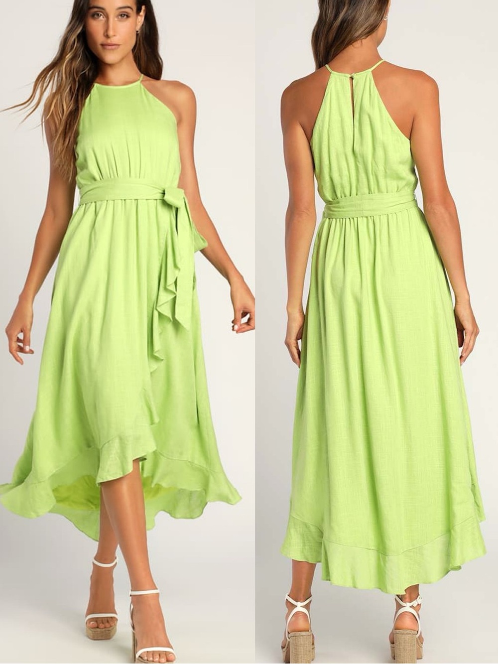 Lulus | Bright Expression Lime Green Faux-Wrap Ruffled Midi Dress
